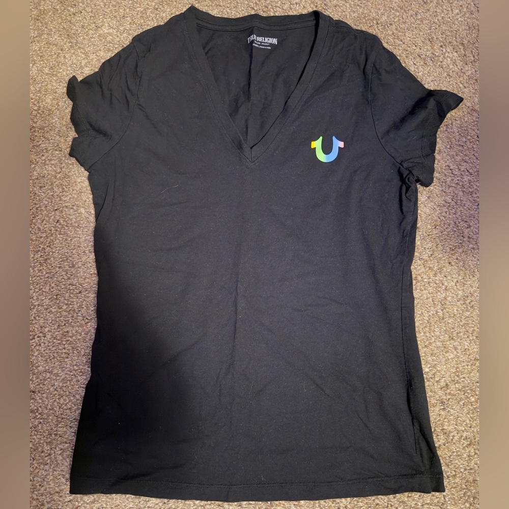 True Religion Women's Black V-Neck Tee with Logo